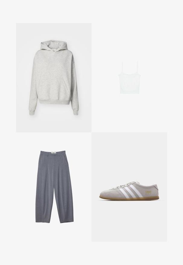 Sweat à capuche gris avec une poche avant, capuche à cordon et poignets côtelés. Fabriqué en tissu doux et texturé, il présente un design à coupe décontractée.; Stradivarius Débardeur - white; Stradivarius SMART BAGGY WITH SEAM DETAIL - Pantalon classique - grey; Baskets en daim gris avec des rayures en cuir blanc et un logo doré. Semelle en gomme plate, bout rond et design classique à lacets.