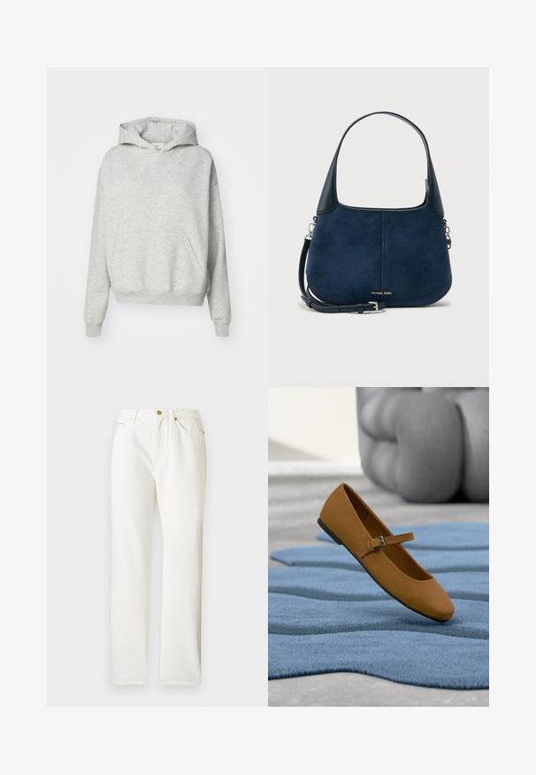 Sudadera gris con un bolsillo frontal, capucha con cordones y puños acanalados. Está hecha de una tela suave y texturizada y presenta un diseño de ajuste relajado.; Pantalones de mezclilla blancos con diseño de pierna recta, que presentan un cierre delantero de botón y una textura sutil. Incluyen bolsillos laterales y un hardware mínimo.; Zapato plano marrón Mary Jane con hebilla, flotando sobre una alfombra azul texturizada, con muebles tapizados en gris al fondo.; Bolso de ante azul marino con detalles de cuero liso, asa superior curva, correa ajustable y detalle de logo en la parte frontal. Forma compacta y estructurada.