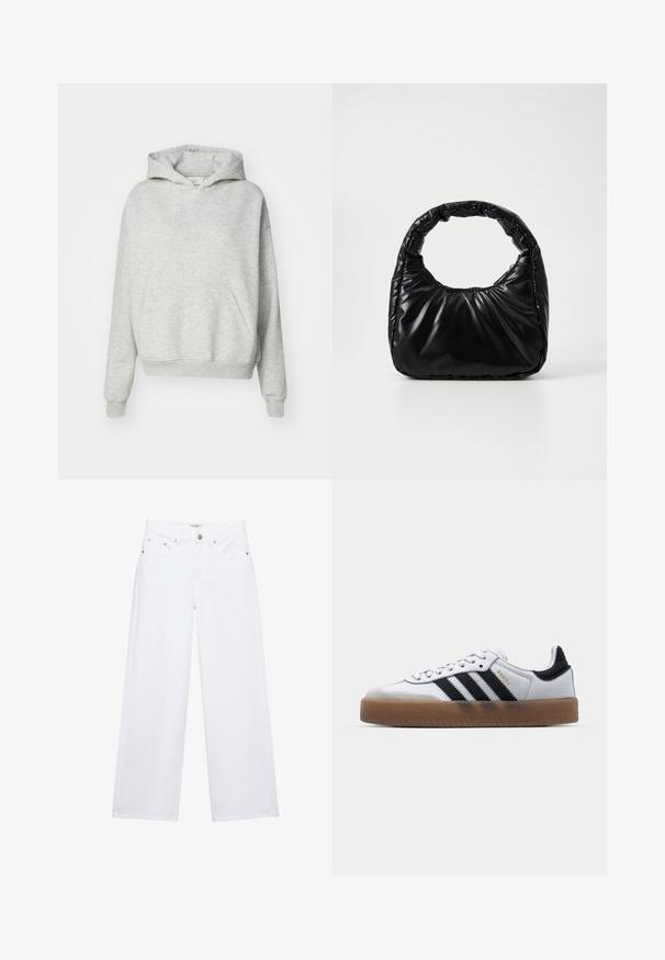 Sweat à capuche gris avec une poche avant, capuche à cordon et poignets côtelés. Fabriqué en tissu doux et texturé, il présente un design à coupe décontractée.; Jean blanc taille haute à jambes larges avec fermeture à boutons et zip, poches avant et arrière, et détails en rivets argentés.; Baskets en cuir blanc avec des rayures noires, semelle extérieure en caoutchouc beige, bout rond, fermeture lacée et embout en suède gris doux.; Sac à main noir rembourré avec une poignée arrondie, présentant une surface lisse et brillante ainsi qu'une texture douce et matelassée. Pas de quincaillerie ou d'accents visibles.