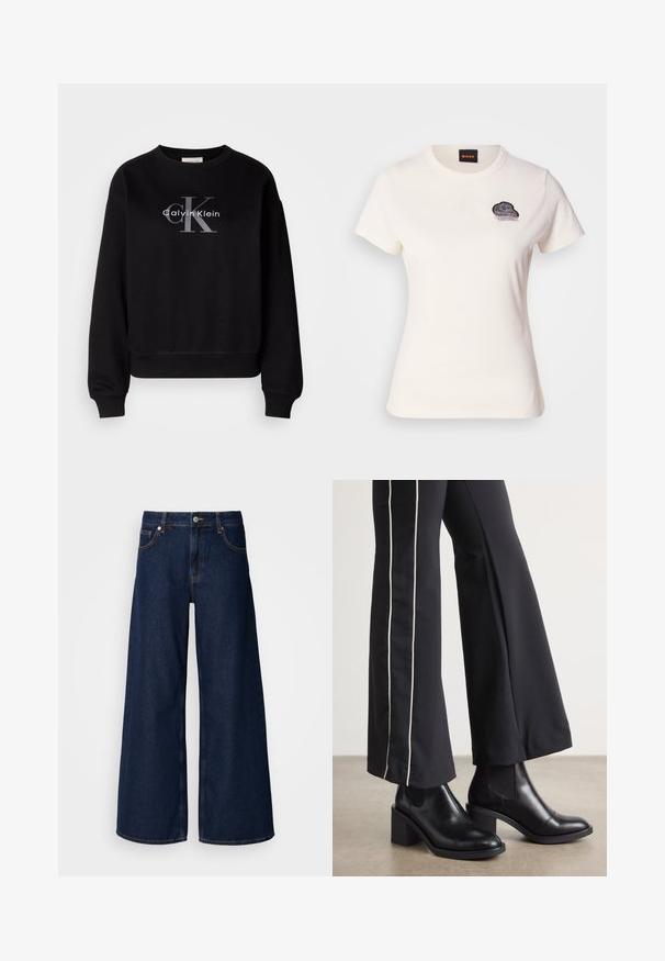 Must värvi puuvillane dressipluus, millel on ümmargune kaelus ja lõtv istuvus. Ees on suur hall logo, millel on kiri "Calvin Klein" ja "CK".; Valge puuvillane T-särk ümmarguse kaelusega ja lühikeste varrukatega. Omab musta tikandiga pilve kujundust frantsi detailega rinnal.; Laialised tumedast sinisest denimist teksad kõrge vöökoha ja esipocketitega, millel on nööbikinnitus. Omab kontrastset õmblust ja siledat tekstuuri.; Mustad nahast pahklu_bootid, millel on ploki konts ja elastsed külgpaneelid. Kombineeritud mustade pükstega, millel on valge küljeriba.