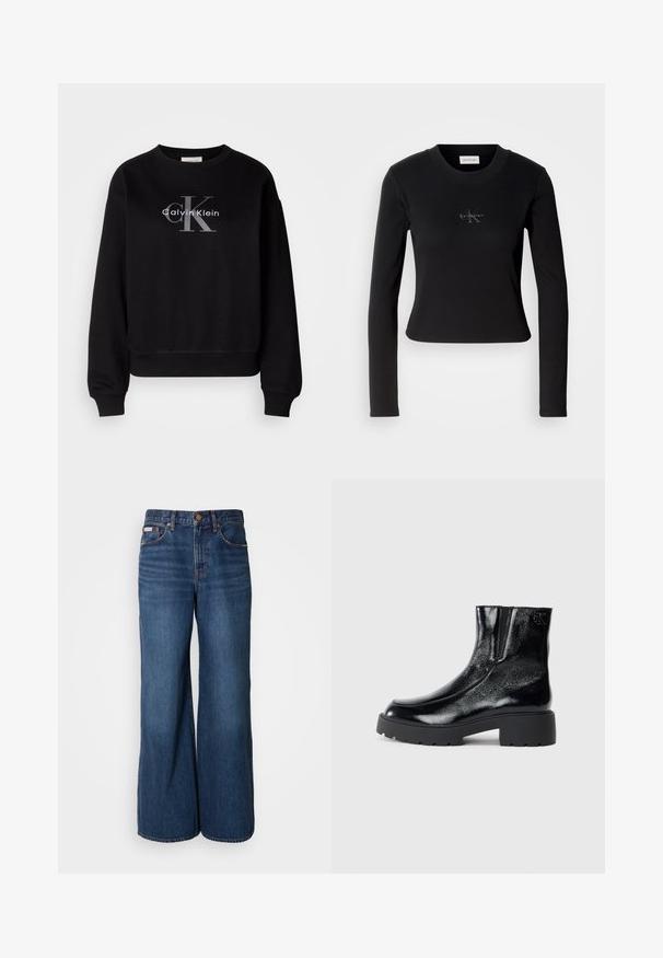 Zwarte sweatshirt van katoen, met een ronde hals en een loose fit. Heeft een groot grijs logo met "Calvin Klein" en "CK" op de voorkant.; Zwarte lange mouw top met een getailleerd ontwerp en een klein Calvin Klein-logo op de borst, weergegeven tegen een witte achtergrond.; Wijdvallende jeans van donkerblauwe denim. Kenmerken zijn een hoge taille, vijf zakken en contrasterende oranje stiksels langs de naden.; Zwarte enkellaarsjes met een glanzende lakleren afwerking, chunky zwarte rubberen zool en verhoogde hak; inclusief subtiele logo-detail aan de zijkant.