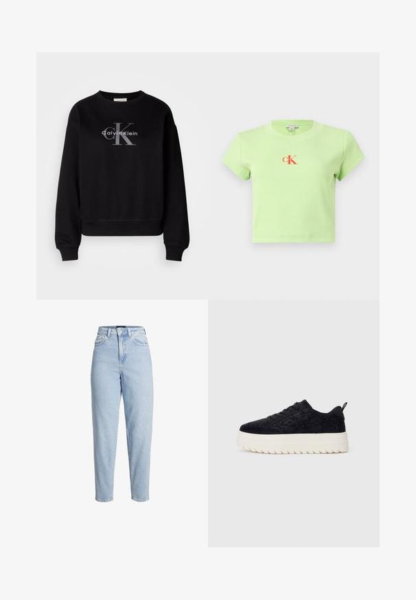 Čierna mikina vyrobená z bavlny, s oválnym výstrihom a voľným strihom. Na prednej strane je veľké sivé logo s nápisom "Calvin Klein" a "CK".; Svetlozelené, rebrované bavlnené tričko s kruhovým výstrihom a krátkymi rukávmi. Obsahuje centrálne červené logo "CK".; Riflové nohavice s vysokým pásom v svetlom modrom prevedení, so zapínaním na gombíky a zips vpredu, pútkami na opasok a zúženými nohavicami.; Čierne semišové tenisky s dekoratívnym prešívaním, čiernymi šnúrkami a hrubou bielou gumovou podrážkou so zúbkami na svetlom pozadí.