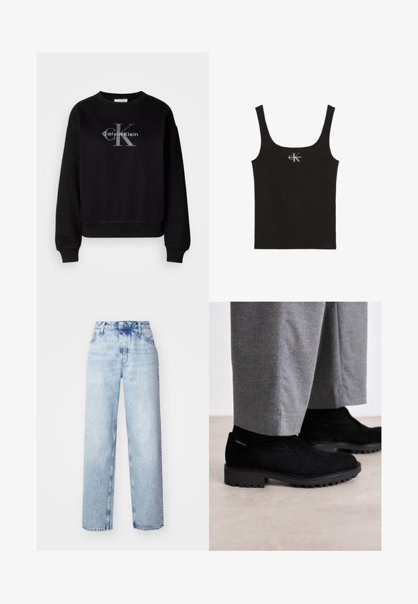 Schwarzer Sweatshirt aus Baumwolle, mit Rundhalsausschnitt und lockerer Passform. Auf der Vorderseite befindet sich ein großes graues Logo mit "Calvin Klein" und "CK".; Schwarzes Baumwoll-Top mit runder Ausschnitt und breiten Schulterträgern. Auf der Vorderseite befindet sich ein kleines gedrucktes "Calvin Klein"-Logo.; Hellblaue High-Waist-Jeans mit lockerer Passform, geradem Bein, fünf Taschen und klassischem Knopf- und Reißverschluss.; Schwarze Wildleder-Stiefeletten mit Gummisohle, ausgestattet mit einem elastischen Seiteneinsatz und einem Logo-Akzent an der Ferse. Kombiniert mit grauen Hosen.