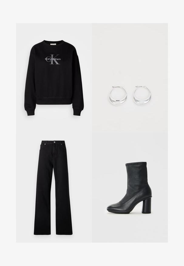 Zwarte sweatshirt van katoen, met een ronde hals en een loose fit. Heeft een groot grijs logo met "Calvin Klein" en "CK" op de voorkant.; Zwarte wide-leg jeans van denim met een vijf-pockets ontwerp, voorste knoopsluiting en subtiele stikdetails.; Zwarte leren laars tot halverwege het been met een ronde neus en een stevige hoge hak, weergegeven tegen een effen lichtgrijze achtergrond.; Zilveren creolen met een gepolijste afwerking en DKNY-branding, weergegeven tegen een effen witte achtergrond.