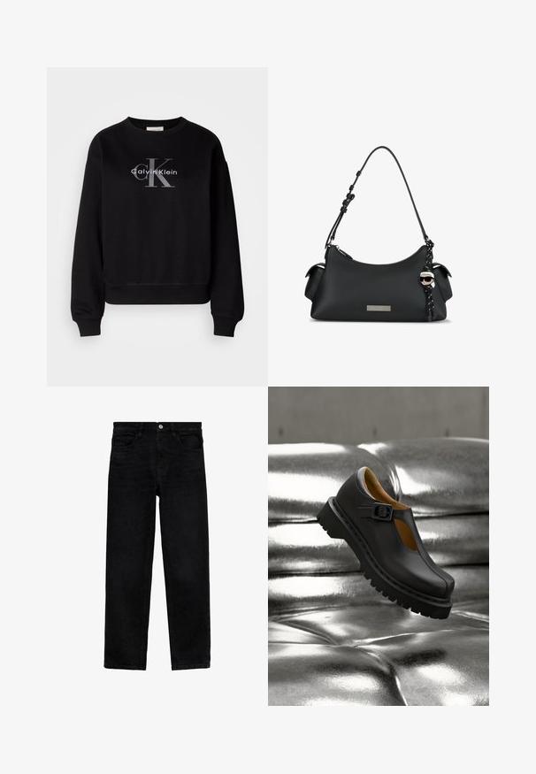 Zwarte sweatshirt van katoen, met een ronde hals en een loose fit. Heeft een groot grijs logo met "Calvin Klein" en "CK" op de voorkant.; Zwarte spijkerbroek van denim met een rechte pijp, voorzien van vijf zakken, een knoopsluiting en subtiele stikseldetails. Gladde textuur.; Zwarte leren Mary Jane schoen met dikke geribbelde zool en gesp aan de band, zwevend boven een glanzend zilveren getufte oppervlak.; Zwarte leren handtas met korte verstelbare schouderriem, zijvakjes, zilveren logo plaatje en een karaktersleutelhanger met zonnebril en wit haar.
