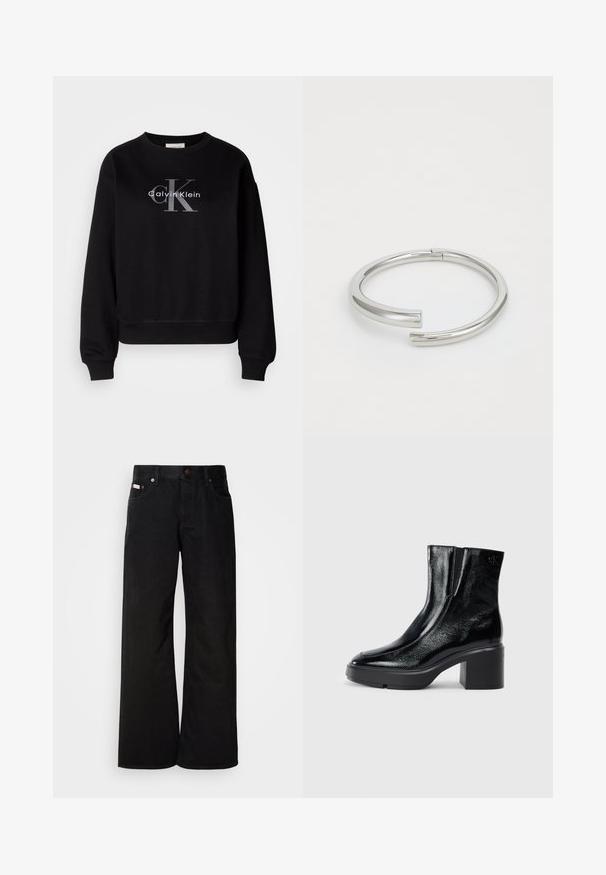 Čierna mikina vyrobená z bavlny, s oválnym výstrihom a voľným strihom. Na prednej strane je veľké sivé logo s nápisom "Calvin Klein" a "CK".; Čierne džínsy s širokými nohavicami vyrobené z bavlny. Majú predné vrecká, zapínanie na gombík a klasickú denimovú textúru. Minimalistický dizajn bez vzorov.; Čierne lakované členkové topánky s zakrivenou špičkou, elastickými bočnými panelmi a masívnym blokovým opätkom. S embosovaným logom na zadnej strane.; Calvin Klein SPIRAL - Náramok - silver-coloured