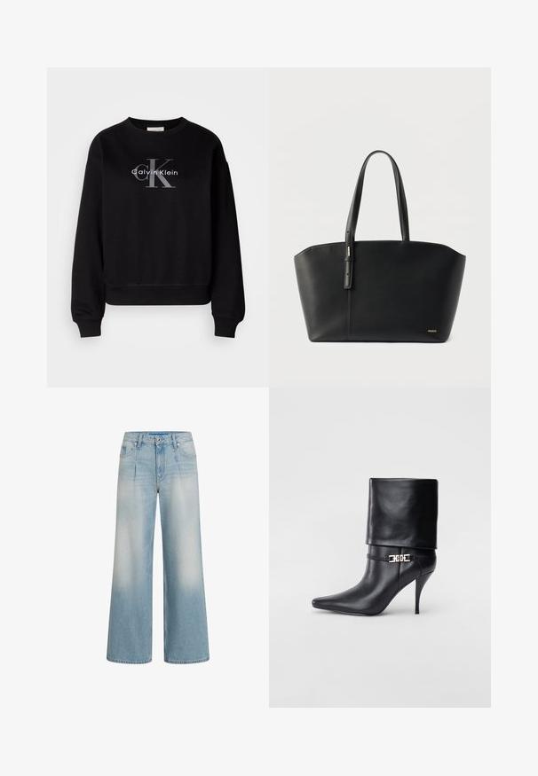Čierna mikina vyrobená z bavlny, s oválnym výstrihom a voľným strihom. Na prednej strane je veľké sivé logo s nápisom "Calvin Klein" a "CK".; Džínsy s širokými nohavicami v svetlom modrom denime, s vysokým pásom, plisovaním vpredu a lesklým povrchom. Jemne opotrebovaný vzhľad.; Čierna kožená členková topánka s špicatou špičkou, vysokým ihlovým podpätkom, prehnutým manžetom a zlatým dekoratívnym sponou na členku.; Čierna kožená taška typu tote s dvoma rúčkami a malým zlatým logom "HUGO" v pravom dolnom rohu, na bielom pozadí.