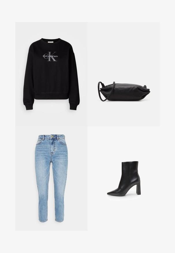 Čierna mikina vyrobená z bavlny, s oválnym výstrihom a voľným strihom. Na prednej strane je veľké sivé logo s nápisom "Calvin Klein" a "CK".; Svetlomodré džínsy s vysokým pásom, rovný strih a vyblednutá textúra. Obsahujú päť vreciek a zapínanie na gombík a zips.; Čierna členková čižma z umelého kože s špicatou špičkou, vysokým blokovým podpätkom a hladkou textúrou. Minimalistický dizajn bez viditeľných ozdôb.; Čierna kožená kabelka s obdĺžnikovým tvarom, hladkým povrchom, tenkým popruhom na plece a minimalistickým dizajnom.
