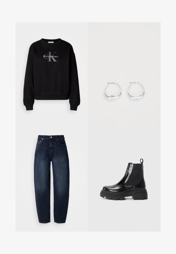 Sort sweatshirt lavet af bomuld, med rund hals og løs pasform. Viser et stort gråt logo med "Calvin Klein" og "CK" på forsiden.; Mørkeblå denimjeans med løs pasform, med høj talje, lige ben og klassisk fem-lomme design.; Sorte læder ankelstøvler med et elegant design, elastiske sidepaneler og en kraftig sort sål. Har en hævet strop bagpå for nem påtagning.; Sølv hoops øreringe med en poleret overflade og DKNY branding, præsenteret mod en simpel hvid baggrund.