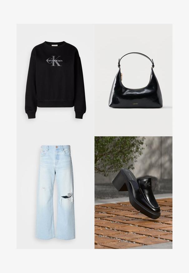 Sort sweatshirt lavet af bomuld, med rund hals og løs pasform. Viser et stort gråt logo med "Calvin Klein" og "CK" på forsiden.; Lyseblå brede jeans lavet af denim, med høj talje, store revner ved knæene og et klassisk fem-lomme design med kobberhardware.; Sort læder Calvin Klein slip-on mule med blokhæl, der hviler på trætøj udendørs nær en grøn plante og en grå væg.; Sort blank Calvin Klein håndtaske med gyldent lynlås og kort rem mod en ensfarvet hvid baggrund.