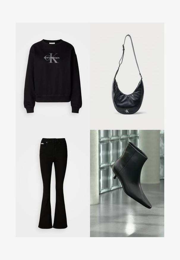 Schwarzer Sweatshirt aus Baumwolle, mit Rundhalsausschnitt und lockerer Passform. Auf der Vorderseite befindet sich ein großes graues Logo mit "Calvin Klein" und "CK".; Schwarze Schlagjeans mit einer taillierten Passform, aus weichem Denim gefertigt. Mit zwei Vorderaschen und einem klassischen Knopf- und Reißverschluss ausgestattet.; Schwarzer Leder-Stiefelette mit spitzer Zehenpartie und niedrigem Kitten-Heel, schräg dargestellt vor einem polierten Boden und einer Glasbausteinwand.; Schwarze, halbmondförmige Lederschultertasche mit verstellbarem Riemen und silbernem "cK"-Logo auf der Vorderseite, vor einem schlichten weißen Hintergrund.