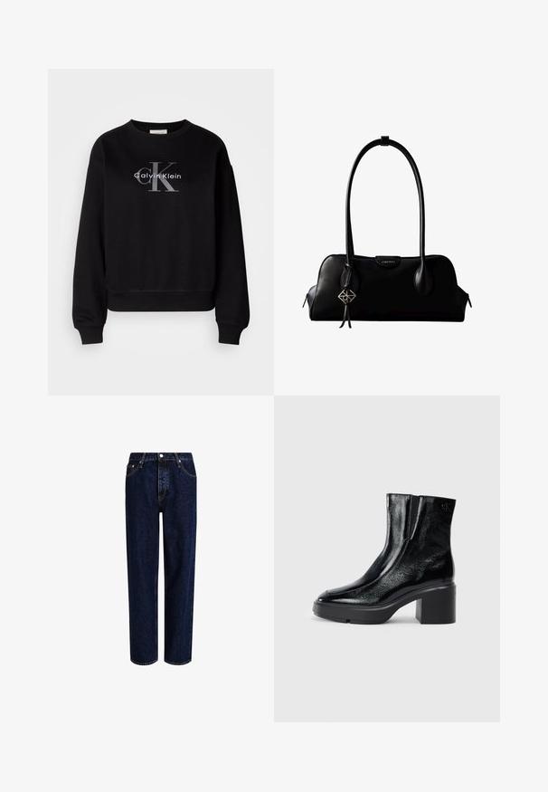 Sort sweatshirt lavet af bomuld, med rund hals og løs pasform. Viser et stort gråt logo med "Calvin Klein" og "CK" på forsiden.; Mørkeblå denim jeans med lige ben-design, der har høj talje, fem-lomme-stil og kontrastsyninger. Ingen dekorationer.; Sorte patenterede læderankelstøvler med en buet tå, elastiske sidepaneler og en kraftig blokhæl. Har et præget logo på bagsiden.; Sort lædertaske fra Calvin Klein med lange håndtag, en forside-logo-tag og en sølv geometrisk vedhæng, der hænger fra det ene håndtag.