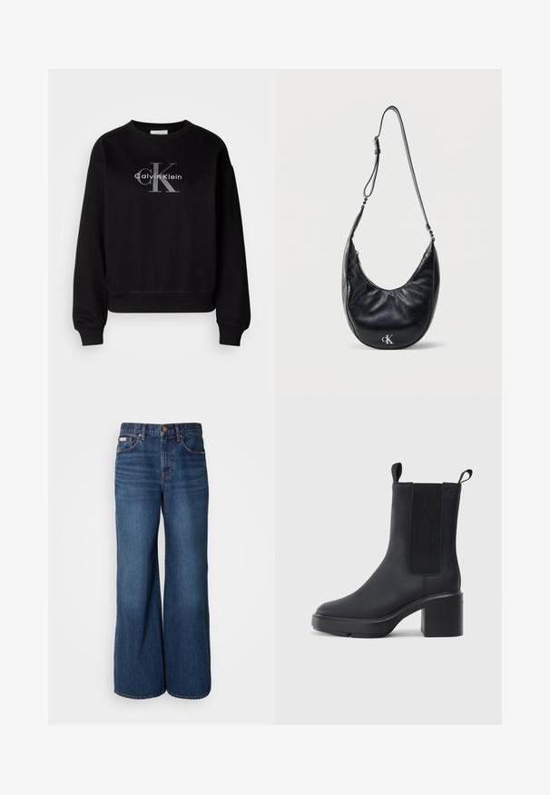 Schwarzer Sweatshirt aus Baumwolle, mit Rundhalsausschnitt und lockerer Passform. Auf der Vorderseite befindet sich ein großes graues Logo mit "Calvin Klein" und "CK".; Weite Jeans aus dunkelblauem Denim. Merkmale sind eine hohe Taille, fünf Taschen und kontrastierender orangefarbener Stitching entlang der Nähte.; Schwarze Knöchelstiefel aus glattem Gummi-Material, mit elastischen Seitenpaneelen, Blockabsatz und Zugschlaufen oben für ein einfaches Anziehen.; Schwarze, halbmondförmige Lederschultertasche mit verstellbarem Riemen und silbernem "cK"-Logo auf der Vorderseite, vor einem schlichten weißen Hintergrund.