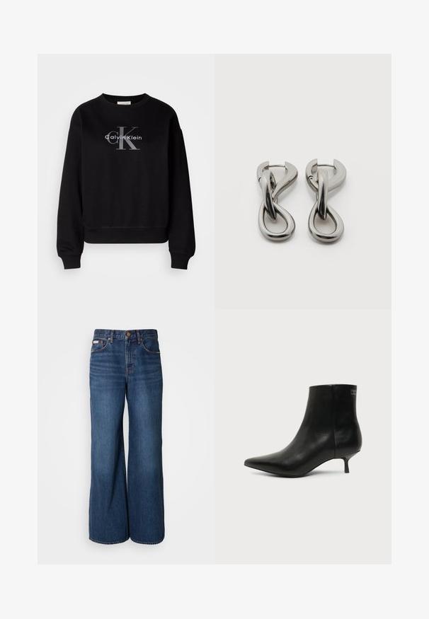 Schwarzer Sweatshirt aus Baumwolle, mit Rundhalsausschnitt und lockerer Passform. Auf der Vorderseite befindet sich ein großes graues Logo mit "Calvin Klein" und "CK".; Weite Jeans aus dunkelblauem Denim. Merkmale sind eine hohe Taille, fünf Taschen und kontrastierender orangefarbener Stitching entlang der Nähte.; Schwarzer Leder-Knöchel-Stiefel mit spitzer Spitze und niedrigem Kittenabsatz vor hellem Hintergrund, seitliche Ansicht.; Paar silberfarbene Metallohrringe mit abstraktem ineinandergreifendem Schlaufen-Design auf weißem Hintergrund.