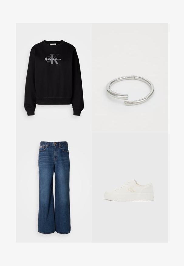 Sort sweatshirt lavet af bomuld, med rund hals og løs pasform. Viser et stort gråt logo med "Calvin Klein" og "CK" på forsiden.; Bredde jeans lavet af mørkeblåt denim. Funktioner inkluderer en høj talje, fem lommer og kontrasterende orange syninger langs sømmene.; Hvid lavt snøresko med tyk sål og "cK"-logo på siden, snørebånd foran og minimalistisk design på neutral baggrund.; Calvin Klein SPIRAL - Armbånd - silver-coloured