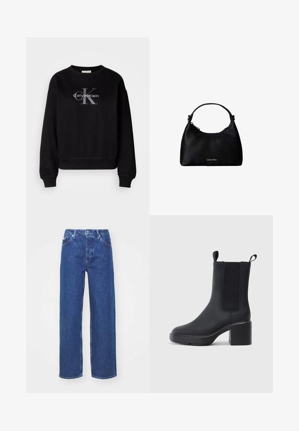 Sort sweatshirt lavet af bomuld, med rund hals og løs pasform. Viser et stort gråt logo med "Calvin Klein" og "CK" på forsiden.; Blå denim bred-benede jeans med høj talje, med lynlås og knaplukning, bæltestropper og subtilt falmet detaljer på stoffet.; Sorte ankelstøvler i glat gummimateriale, med elastiske sidepaneler, blokhæle og trækskilt øverst for nem påtagning.; Sort tekstureret lædertaske med enkelt rem og sølv Calvin Klein-logo foran, lynlåslukning på siden.