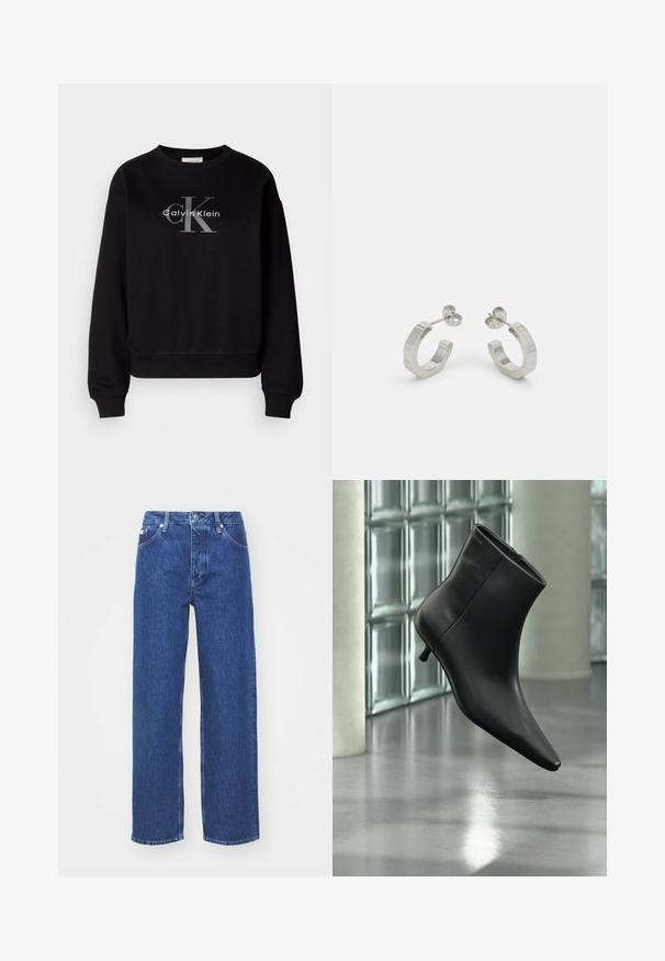 Sort sweatshirt lavet af bomuld, med rund hals og løs pasform. Viser et stort gråt logo med "Calvin Klein" og "CK" på forsiden.; Blå denim bred-benede jeans med høj talje, med lynlås og knaplukning, bæltestropper og subtilt falmet detaljer på stoffet.; Sort læderankelstøvle med spids tå og lav kitten-hæ, vist vinklet mod en poleret gulv- og glasblokvæg.; Sølv metal hoop øreringe med et tekstureret design, der har en lille post bagpå og branding på en af øreringene. Rund form med en poleret overflade.