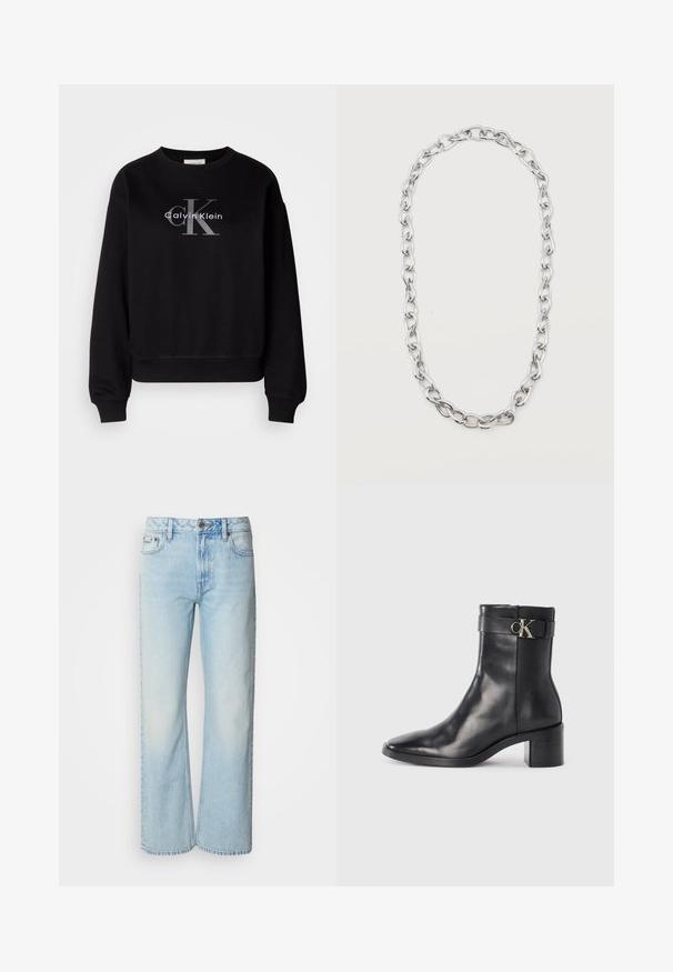 Zwarte sweatshirt van katoen, met een ronde hals en een loose fit. Heeft een groot grijs logo met "Calvin Klein" en "CK" op de voorkant.; Lichtblauwe wijde jeans van denim, voorzien van een klassiek vijf-pocket ontwerp en een subtiele vervaagde textuur. Denimstiksels zijn zichtbaar.; Zwarte leren enkellaars met een spitse neus, blokhak en een bandje met een metallic logo. Gladde textuur en minimalistisch ontwerp.; Zilverkleurige ketting met grote, aan elkaar gekoppelde ovale schakels, gerangschikt in een langwerpige lus tegen een witte achtergrond.
