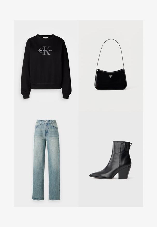 Must värvi puuvillane dressipluus, millel on ümmargune kaelus ja lõtv istuvus. Ees on suur hall logo, millel on kiri "Calvin Klein" ja "CK".; Copenhagen Muse JEANNE PANTS - Avar lõikega teksad - medium dirty washed denim; Mustad mustad nahkast kontsaamad, terava varbaga, tekstureeritud pealispinnaga ja paksu kõrge kontsaga. Omab külgset elastset paneeli hõlpsaks jalga panemiseks.; Mustast lakknahast õlakott õhukese rihmaga, ees kolmnurkne Guessi logo ja peal lukuga sulgemine.