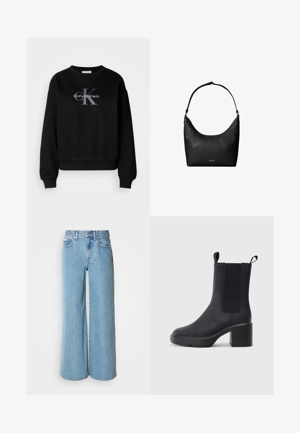 Zwarte sweatshirt van katoen, met een ronde hals en een loose fit. Heeft een groot grijs logo met "Calvin Klein" en "CK" op de voorkant.; Lichtblauwe wijde jeans van denim, met een hoge taille, vijf pockets en subtiele vervaging langs de stof.; Zwarte enkellaars met een gladde rubberen materiaal, elastische zijkanten, blokhak en instaplipjes aan de bovenkant voor makkelijk aan- en uittrekken.; Zwarte gestructureerde leren schoudertas met een enkele riem en een klein Calvin Klein-logo aan de voorkant in het midden.