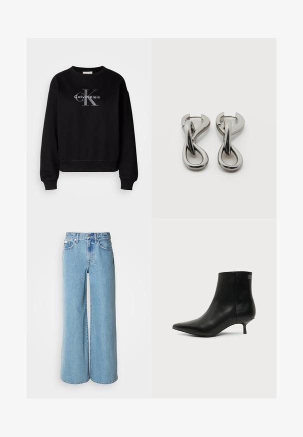 Sweatshirt noir en coton, avec un col rond et une coupe décontractée. Affiche un grand logo gris avec "Calvin Klein" et "CK" sur le devant.; Jean large bleu clair en denim, avec une taille haute, un design à cinq poches et un léger dégradé sur le tissu.; Bottine en cuir noir avec bout pointu et petit talon kitten sur fond clair, vue côté extérieur.; Paire de boucles d'oreilles en métal argenté avec un motif abstrait d'anneaux entrelacés sur fond blanc.