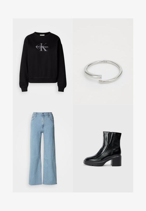 Schwarzer Sweatshirt aus Baumwolle, mit Rundhalsausschnitt und lockerer Passform. Auf der Vorderseite befindet sich ein großes graues Logo mit "Calvin Klein" und "CK".; Hellblaue weite Jeans aus Denim, mit einer enganliegenden Taille, Fünf-Taschen-Design und dezenten Nähdetails.; Schwarze Lackleder-Stiefeletten mit einer geschwungenen Zehenpartie, elastischen Seiteneinsätzen und einem klobigen Blockabsatz. Mit geprägtem Logo auf der Rückseite.; Calvin Klein SPIRAL - Armband - silver-coloured