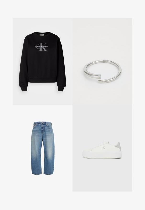 Schwarzer Sweatshirt aus Baumwolle, mit Rundhalsausschnitt und lockerer Passform. Auf der Vorderseite befindet sich ein großes graues Logo mit "Calvin Klein" und "CK".; Blaue hoch taillierte Jeans mit weitem Bein, vorderen Taschen, Knopf- und Reißverschluss, die verblasste Waschdetails an den Oberschenkeln zeigen.; Weiße Leinensneaker mit einer dicken weißen Sohle, die ein metallisch silbernes Detail an der Ferse und ein dezentes Logo auf der Seite aufweisen.; Calvin Klein SPIRAL - Armband - silver-coloured
