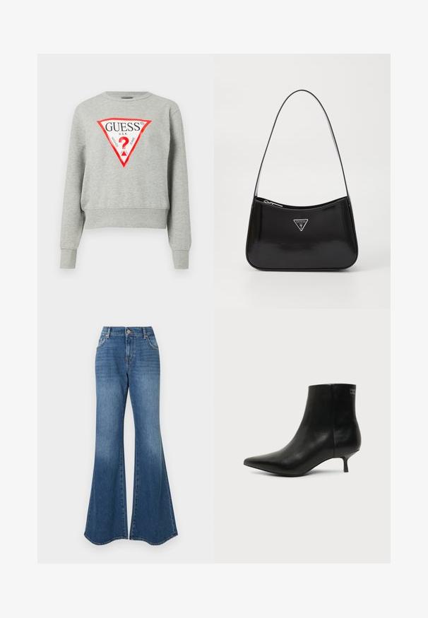 Grå sweatshirt med rødt trekantet logo med teksten "GUESS U.S.A.", lange ærmer, ribbede manchetter og kant, lavet af blødt stof.; Blå flagrende jeans i klassisk denimmateriale, høj talje og subtil falming med en bred ankelåbning, ingen synlige udsmykninger.; Sort læder ankelstøvle med spids tå og lav kitten hæl på lys baggrund, der viser yderside.; Sort patenteret læder skuldertaske med en buet form, prydet med et sølvfarvet trekantet logo og en lynlås-lukning. Glat tekstur og slank rem.