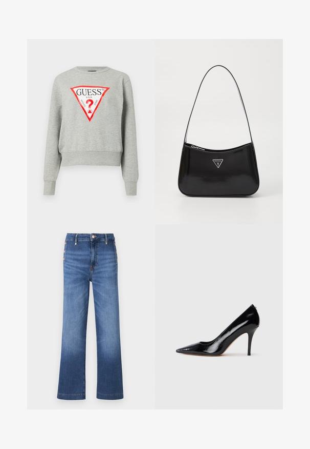 Grå sweatshirt med rødt trekantet logo med teksten "GUESS U.S.A.", lange ærmer, ribbede manchetter og kant, lavet af blødt stof.; Blå viddebenet denimjeans med knapdetaljer i siden og høj talje.; Sort højtaljet pumpekappe i laklæder med spids tå, der har en glat tekstur og en slank stiletthæl. Ingen synlige metaldele.; Sort patenteret læder skuldertaske med en buet form, prydet med et sølvfarvet trekantet logo og en lynlås-lukning. Glat tekstur og slank rem.