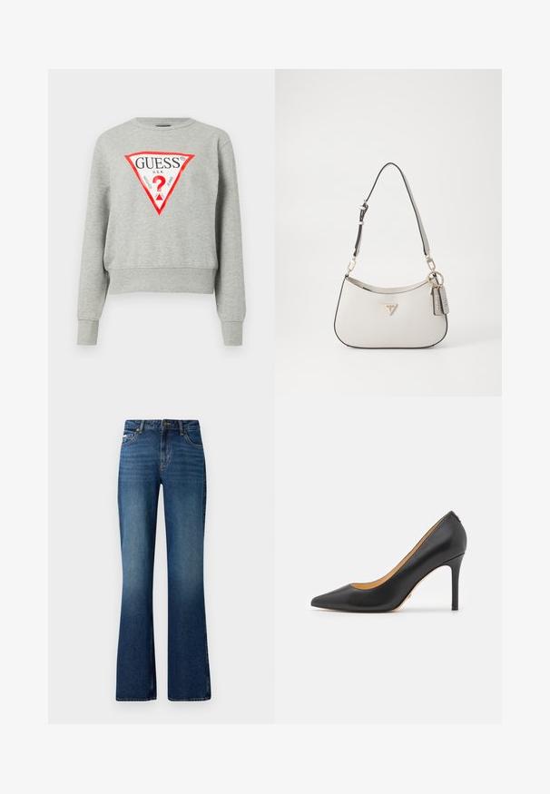 Grå sweatshirt med rødt trekantet logo med teksten "GUESS U.S.A.", lange ærmer, ribbede manchetter og kant, lavet af blødt stof.; Flare jeans i en medium blå vask, med et klassisk fem-lomme design, knaplukning og en let slidt tekstur.; Sort læder spidse stiletto hæle med høj hæl, der har en glat overflade og minimalistisk design. Indersiden er foret i tan farve.; Hvid tekstureret håndtaske med en buet form, guldfarvet hardware, en aftagelig rem og et logo-akcent. Inkluderer en nøglekædetag med branding.