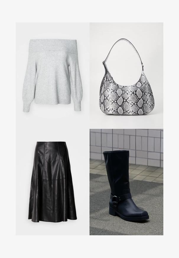Pull en maille gris clair à épaules dénudées avec un col et des poignets côtelés, présentant une coupe décontractée et une texture douce.; Jupe en cuir noir avec une silhouette évasée, présentant des coutures visibles et une texture lisse. Conception mi-longue avec une coupe classique.; Botte en cuir noire mi-mollet avec un petit talon bloc et une bride décorative avec boucle métallique autour de la cheville, sur un trottoir carrelé.; Sac à épaule en simili cuir noir et blanc avec imprimé serpent, de forme arrondie, texture lisse et bandoulière incurvée. Présente un accent en matériel argenté.
