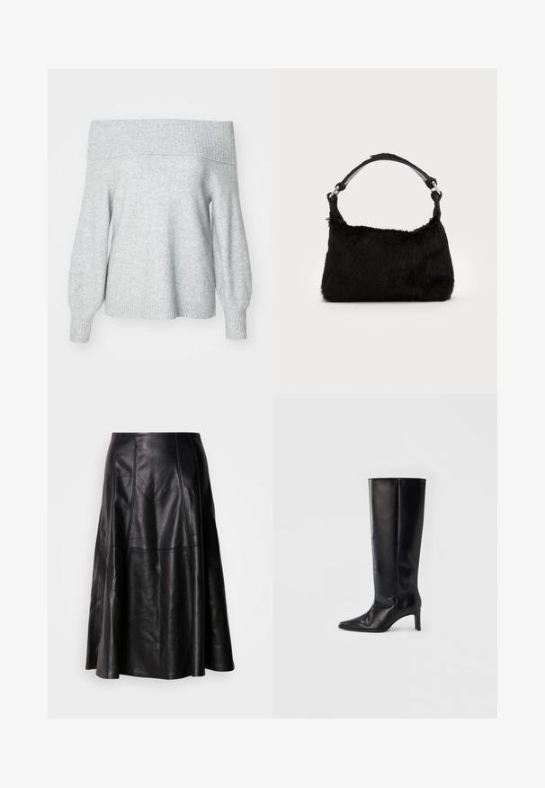 Suéter de punto gris claro sin mangas con escote de barco y puños acanalados, que presenta un ajuste relajado y una textura suave.; Falda de cuero negro con una silueta acampanada, que presenta costuras visibles y una textura suave. Diseño de longitud media con un corte clásico.; Botas negras hasta la rodilla hechas de cuero suave, con punta puntiaguda y tacón delgado, con caña ajustada y diseño minimalista.; Bolso de mano de piel sintética negra con una textura suave, forma redondeada y una resistente correa de cuero negro para el hombro. Acentos de herrajes plateados visibles.