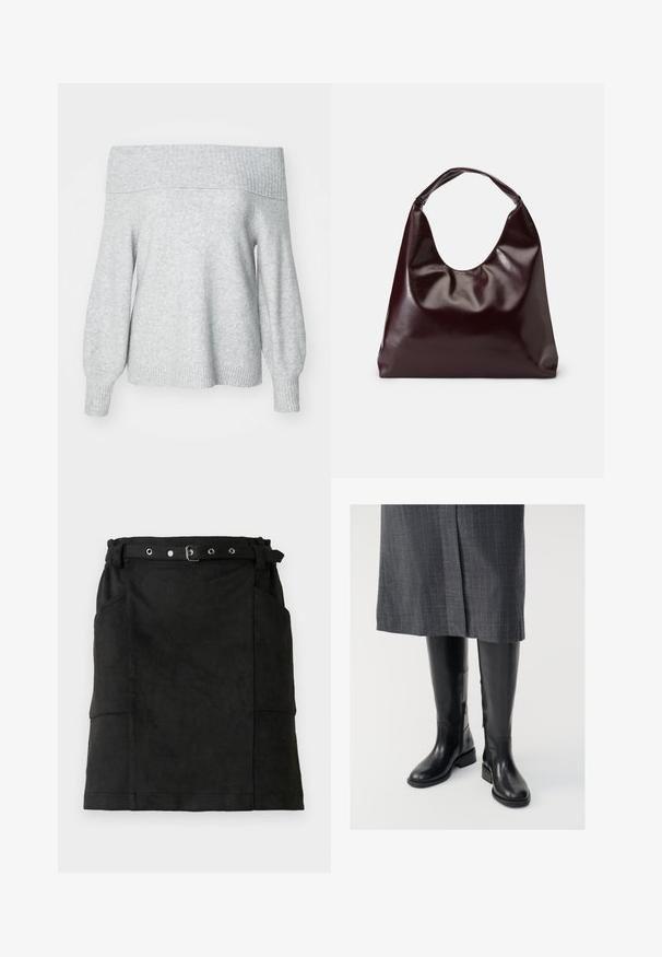 Lichtgrijze off-the-shoulder gebreide trui met geribbelde halslijn en manchetten, met een relaxte pasvorm en zachte textuur.; Zwarte leren rok met een fitted vorm, voorzien van riemlussen, een gesp en twee zijzakken. Soepele textuur, knielange ontwerp.; Zwarte leren laarzen tot de knie met een gladde textuur, zijritsen en een platte zool. De laarzen hebben een gestructureerde schacht en minimale hardware.; Bordeaux, glanzende vegan leren totebag met een zachte, sculpturale vorm en een brede, gebogen handgreep voor makkelijk dragen.