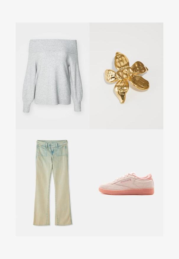 Lysegrå off-shoulder striktrøje med ribbet halsudskæring og manchette, der har en afslappet pasform og blød tekstur.; Lyseblå denim flared jeans med en falmet finish, der har bæltestropper, to forvaskede lommer og to baglommer med synlige syninger.; Lyserød ruskind Reebok sneaker med lyserød sål, snørebånd og blød polstret krave, vist i sideprofil på hvid baggrund.; Gul blomstformet broche med fem buede kronblade, der har en glat finish og en rund centrum, der fremhæver glatte, reflekterende overflader.