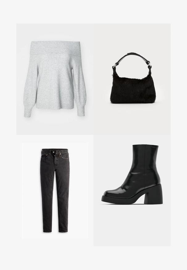Lysegrå off-shoulder striktrøje med ribbet halsudskæring og manchette, der har en afslappet pasform og blød tekstur.; Sorte denim jeans med lige ben, der har fem lommer, kobberhardware og en let slidte måde.; Sorte ankelstøvler med en blank finish, firkantet tå og en tyk blokhæl. Designet har en strømlinet silhuet og minimal branding.; Sort faux fur håndtaske med en blød tekstur, rund form og en robust skulderrem i sort læder. Synlige sølvhardware-detaljer.