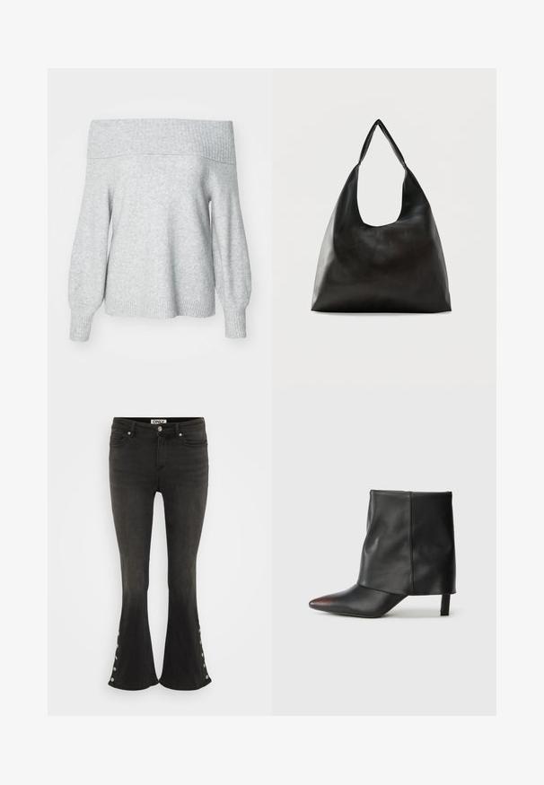 Lysegrå off-shoulder striktrøje med ribbet halsudskæring og manchette, der har en afslappet pasform og blød tekstur.; Sorte flagrende jeans lavet af denim, med metal knapdetaljer på den nederste side og klassisk fem-lommer design.; Sort ankelstøvle lavet af glat læder med spids tå og tilspidset hæl. Overdelen har et let rynket design.; Sort skuldertaske i glat læder med en bred, enkelt strop og et afslappet, minimalistisk design mod en ensfarvet baggrund.