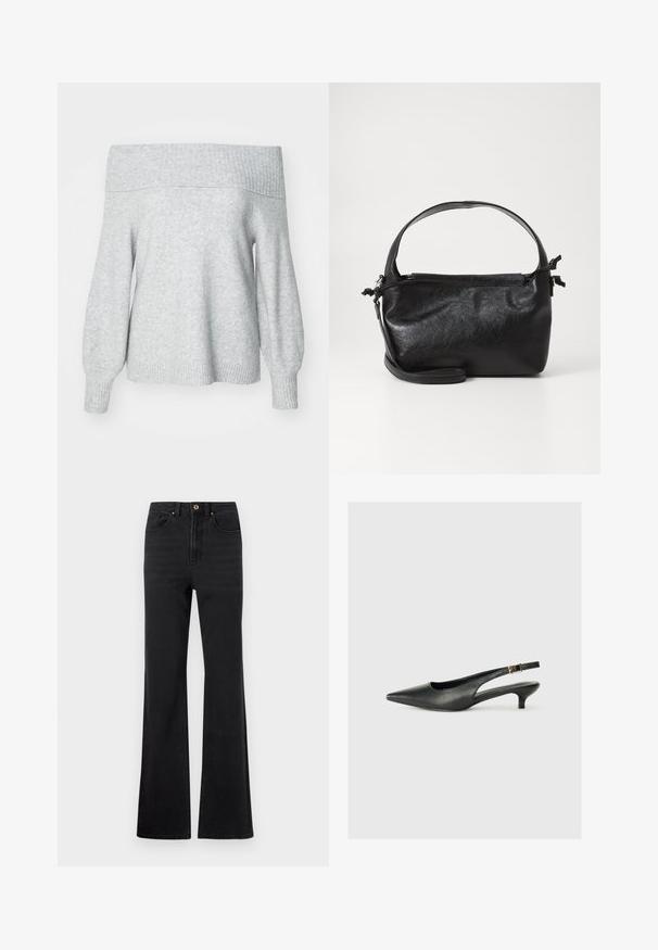 Lysegrå off-shoulder striktrøje med ribbet halsudskæring og manchette, der har en afslappet pasform og blød tekstur.; Sorte højtaljede denim jeans med foran knap, bæltestropper og let udvidede ben mod en hvid baggrund.; Sorte spidse slingback-sko lavet af glat læder. Har en tynd hæl og en spænde detalje på den justerbare rem.; Sort læderhåndtaske med et struktureret design, rund tophåndtag og aftagelig skulderrem. Den har en glat tekstur og en subtil glans.