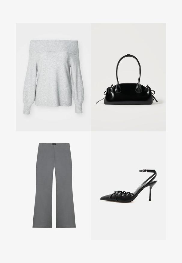 Suéter de punto gris claro sin mangas con escote de barco y puños acanalados, que presenta un ajuste relajado y una textura suave.; Pantalones grises de corte acampanado con una textura suave, que cuentan con una cintura alta y un diseño limpio. Sin patrones visibles ni detalles de herrajes.; Zapato de tacón alto negro con punta fina, bordes ondulados, ojales metálicos, cordones delanteros y una correa en el tobillo con cierre de hebilla.; Pequeño bolso negro brillante con dos asas largas y detalles de cordón lateral sobre un fondo claro liso.