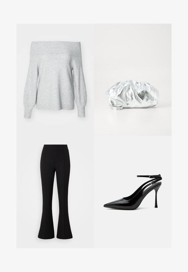 Pull en maille gris clair à épaules dénudées avec un col et des poignets côtelés, présentant une coupe décontractée et une texture douce.; Pantalons évasés noirs fabriqués en tissu extensible, avec une texture lisse, taille haute et des coutures décoratives à l'avant.; Escarpin slingback en cuir verni noir à talon haut, bout pointu et doubles brides de cheville avec boucles argentées.; Pochette argent métallique avec un corps doux et froncé et une fine bandoulière. Présente une texture lisse et brillante ainsi qu'une forme arrondie.