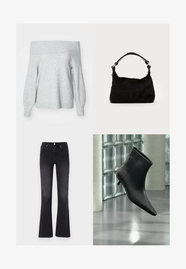 Lichtgrijze off-the-shoulder gebreide trui met geribbelde halslijn en manchetten, met een relaxte pasvorm en zachte textuur.; Zwarte flared jeans van denim, met knoopsluiting, vijf zakken en subtiele vervaging. Gestikte details langs de naden.; Zwarte leren enkellaars met spits toelopende neus en lage kittenhak, schuin weergegeven tegen een gepolijste vloer en een glazen blokken muur als achtergrond.; Zwarte neplederen handtas met een zachte textuur, ronde vorm en een stevige zwartleren schouderband. Zilveren hardwareaccenten zichtbaar.