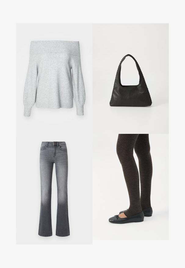 Suéter de punto gris claro sin mangas con escote de barco y puños acanalados, que presenta un ajuste relajado y una textura suave.; Jeans acampanados de tiro alto en denim gris oscuro, con bolsillos frontales, cierre de botón y un sutil desgaste hacia el dobladillo.; Piernas con leggings oscuros acanalados combinados con bailarinas negras que presentan pequeños detalles de lazo sobre un fondo blanco.; Bolso de cuero negro con forma triangular, un gran asa recortada y costuras detalladas a lo largo de los bordes. Textura suave.