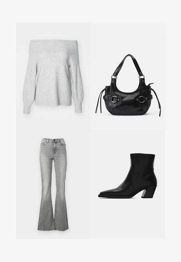 Lichtgrijze off-the-shoulder gebreide trui met geribbelde halslijn en manchetten, met een relaxte pasvorm en zachte textuur.; Grijze flared jeans van denim, met een hoge taille, voorkezen en een vervagingseffect. De zoom is iets breder, waardoor een flared vorm ontstaat.; Zwarte leren enkelboot met een spitse neus, een slanke silhoeet en een chunky vierkante hak. Gladde textuur met minimale stikdetails.; Zwarte leren handtas met een afgeronde vorm, voorzien van twee zijgespen, een gladde textuur en een korte schouderband. Accenten zijn onder andere zijfranjes.