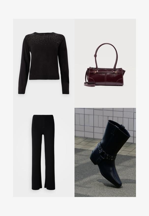 Pull noir à manches longues, décolleté rond, et orné de sequins dans la partie supérieure du torse. Texture douce et design ajusté.; Pantalons évasés noirs en tissu doux, avec une fermeture à boutons à l'avant et un design lisse et sans embellissements.; Bottine en cuir noir avec bout pointu, bride à boucle ornée de clous argentés, et talon épais. Texture lisse avec un design minimaliste.; Sac à main rectangulaire en cuir bordeaux foncé avec double poignée, boucles latérales réglables et une fine bandoulière détachable sur fond blanc.