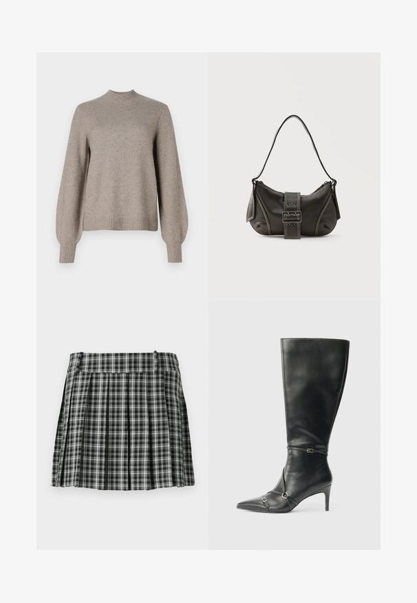 Pull en tricot beige avec col montant côtelé, longues manches bouffantes et bords côtelés sur fond blanc.; Jupe plissée à carreaux noir et blanc avec une taille lisse et de multiples plis verticaux. Fabriquée en tissu léger.; Bottes noires en cuir montant jusqu'au genou, avec un talon fin, un bout pointu et des détails de lanière à la cheville. Texture lisse et design ajusté.; Sac à épaule en cuir noir avec une sangle à boucle, des bords arrondis et des coutures blanches contrastées sur un fond uni.