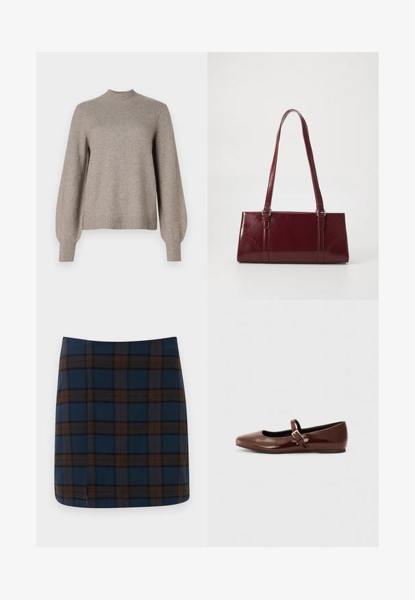 Pull en tricot beige avec col montant côtelé, longues manches bouffantes et bords côtelés sur fond blanc.; Jupe mini en tartan bleu marine avec des lignes marron et grises, fabriquée dans un tissu lisse, avec une fente discrète au dos pour plus de liberté de mouvement.; Ballerine en cuir verni marron avec un bout carré et une lanière ornée d'une petite boucle dorée. Texture lisse, talon bas et design minimaliste.; Sac à main bordeaux en matériau brillant, de forme rectangulaire, avec deux anses et des accents légèrement courbés à l'avant.