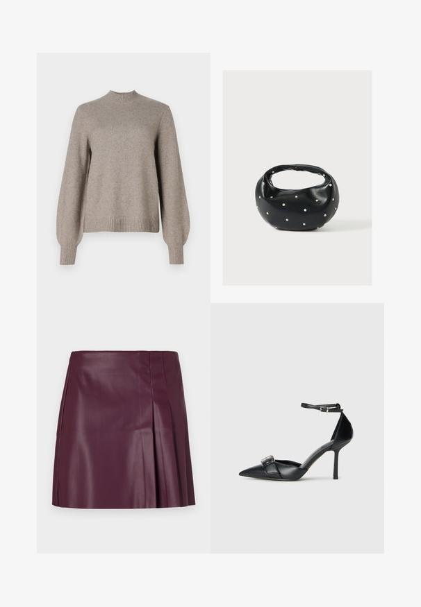 Beige striktrøje med ribbet høj hals, lange puffærmer samt ribbede manchetter og kant på en hvid baggrund.; ONLY ONLARTZY Short - Mini skirts - mauve wine; Sorte læder højhælede sko med spids tå, ankelrem og en sølv spænde detalje. Glat tekstur med en strømlinet silhuet.; Sort læderhåndtaske med en rundet form, dekoreret med sølvnitter, og et kort håndtag. Glat tekstur og lynlåslukning.