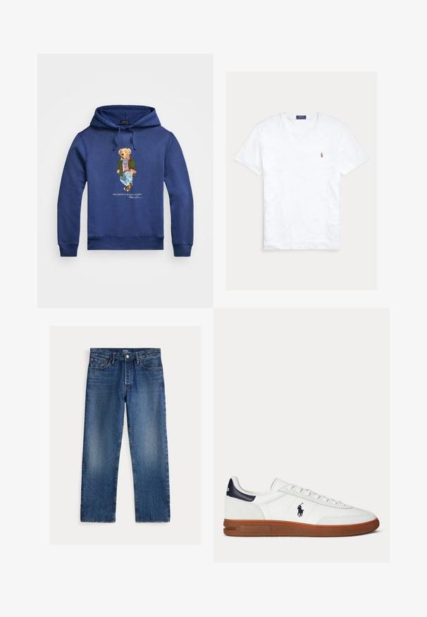 Sudadera marina hecha de una mezcla de algodón con un gráfico frontal de un oso en atuendo casual, que incluye chaqueta, vaqueros y zapatos; cuenta con cordones.; Camiseta blanca de manga corta y cuello redondo con pequeño logo bordado de Polo Ralph Lauren en el pecho izquierdo y etiqueta azul de la marca en el interior del cuello.; Vaqueros rectos azules con detalles descoloridos, cinco bolsillos, trabillas para el cinturón y cierre de botón y cremallera, etiqueta Polo Ralph Lauren en el interior.; Zapatilla blanca de corte bajo con suela marrón, parche negro en el talón, logo bordado de un jugador de polo y cordones blancos.