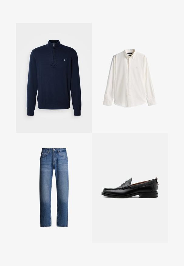 Suéter de terciopelo azul marino con cuello de media cremallera, textura suave de punto, mangas largas y un pequeño logo en el lado izquierdo del pecho.; Camisa blanca de manga larga con cuello y pequeño logotipo de Tommy Hilfiger en el pecho izquierdo.; Jeans de mezclilla azul con corte recto, cinco bolsillos y cremallera. Presentan un ligero desgaste y costuras a lo largo de las costuras.; Mocasín de hombre de piel negra con costura moc toe, tira penny, cuello texturizado y tacón bajo apilado sobre fondo blanco.