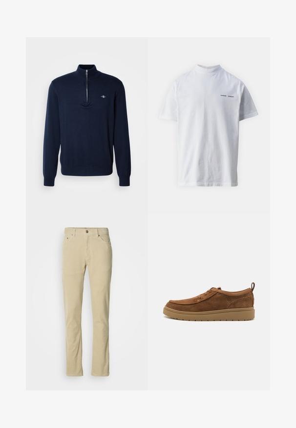 Suéter de terciopelo azul marino con cuello de media cremallera, textura suave de punto, mangas largas y un pequeño logo en el lado izquierdo del pecho.; Camisa de algodón blanca con un cuello alto y mangas cortas. Presenta el logo "SAMSØE SAMSØE" en negro en la parte delantera. Textura suave.; Pantalones de pana beige con botón frontal, cierre de cremallera, cinco bolsillos y corte recto sobre un fondo blanco liso.; Zapatillas de ante marrón con punta redondeada, cordones mínimos, un cuello acolchado y suela de goma. Incluye un lazo en el talón para facilitar el calzado.