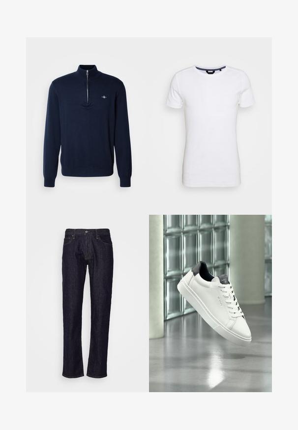 Marineblå pullovertrøje med halvlukket krave, blød strikket tekstur, lange ærmer og et lille logo på venstre bryst.; Lindbergh T-shirts basic - white; GAP STRAIGHT RESIN - Jeans Straight Leg - resin rinse; Hvid læder sneaker med sort hæl og tunge, snøredesign, GANT branding på siden og tungen, vist i moderne indendørs miljø.